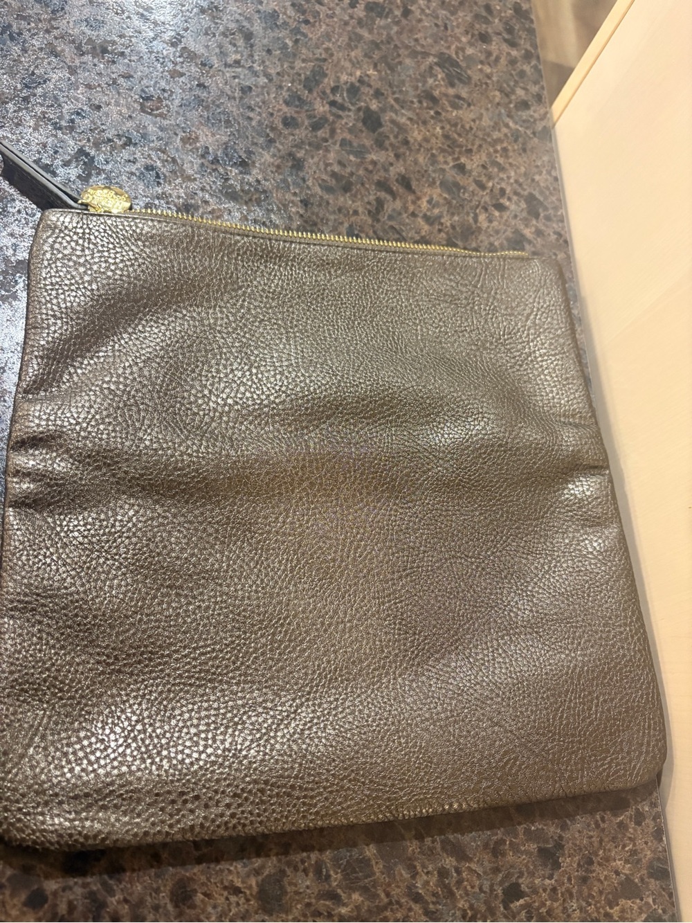 E Pebbled Leather Zip Pouch in Dark Brown